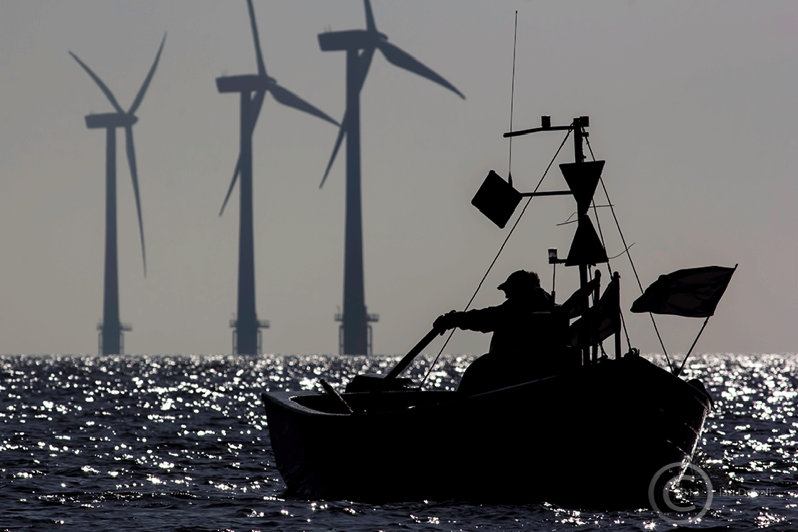 At Sea: sailor rowing infront of windfarm in background - photograph by Ian Dyball